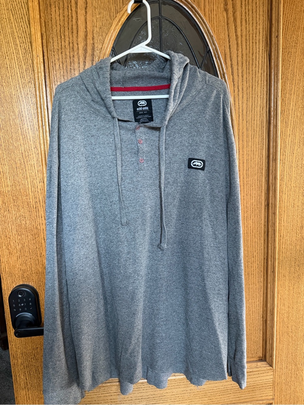 Ecko Unlimited Gray Hooded Long-Sleeve Henley with Red Trim